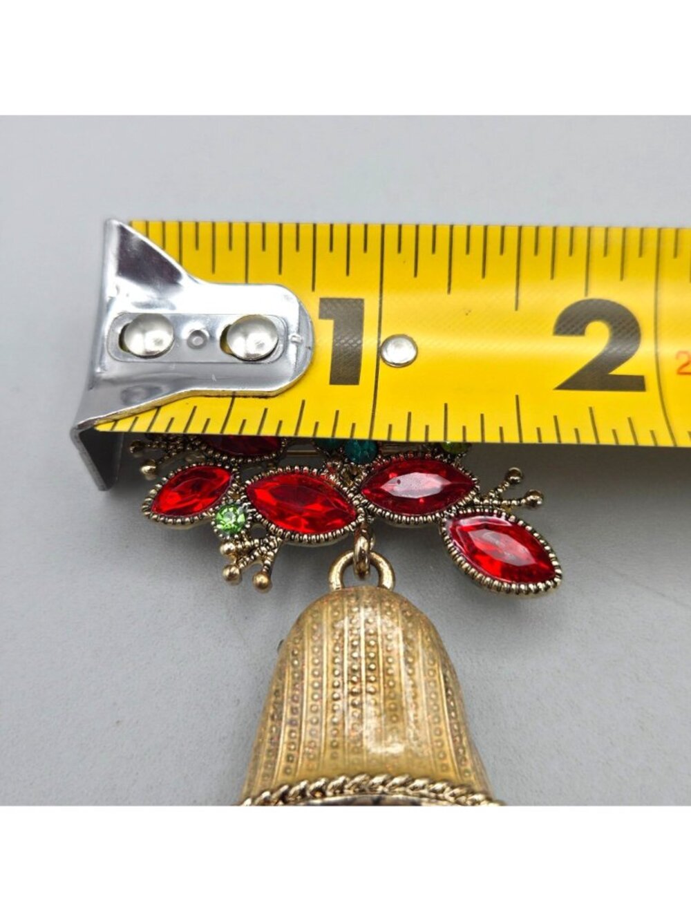 Vintage Monet Christmas Bell Brooch Red Green Rhinestones Holiday Pin - Picture 7 of 7